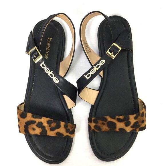 Bebe Leyra Chita Animal Print Rhinestone Ankle Strap Buckle Flat Sandal Size 8.5 - Picture 4 of 12